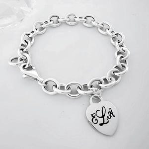 925 Sterling Silver Toggle Bracelet Personalized Engraved Heart Links Cable 10.5×8.5mm width x 2.2mmT. Select Heart 13, 14 or 15