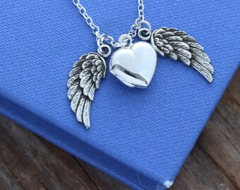 Sterling Silver Heart Angel Wings Locket My Angel Necklace Guardian Angel Jewelry Gifts for Women 