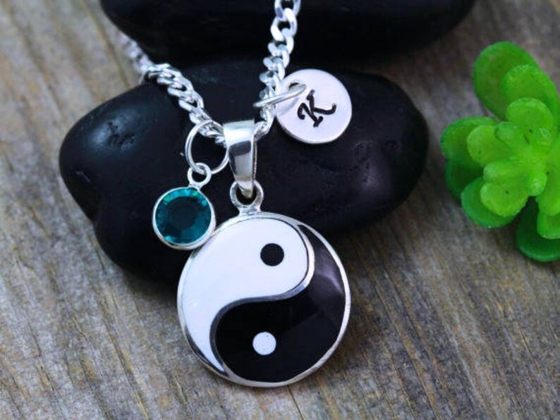 Solid Sterling silver Yin yang yin yang jewelry Choose Chain Initial and Birthstone Balanced life Symbol R-5395 Yoga yin yang necklace