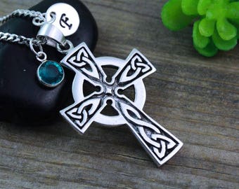 celtic cross necklace, Irish jewelry, sterling silver Cross personalized initial & stone, Sterling Cross, Celtic Cross, Cross pendant. 261