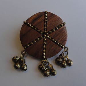 Vintage Handmade Brown Wooden Pin With Gold Tone Beads & Bells
