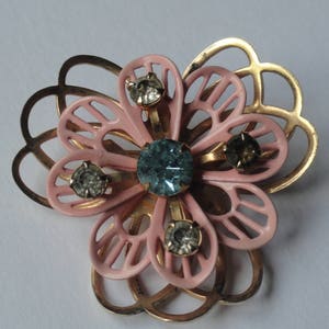 Vintage Pink & Gold Tone Flower Brooch / Pin With Pendant Hook