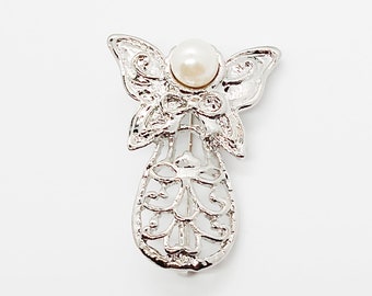 Vintage angel brooch pin with swirly pattern /& butterfly wings silver tone metal with white faux pearl ; about 1 12 x 1 in.