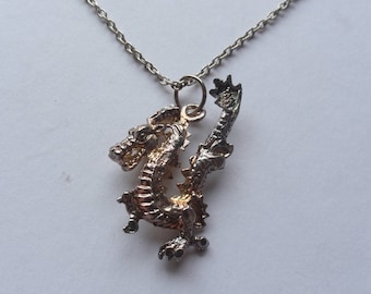 Vintage Asian Dragon Pendant Necklace / Light Bronze Tone