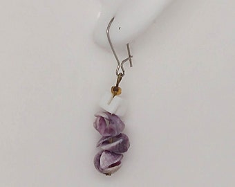 Vintage seashell earrings : light purple & white bead ; 1.25 inches dangling