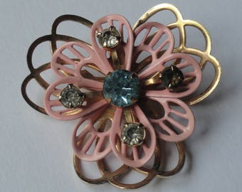 Vintage Pink & Gold Tone Flower Brooch / Pin With Pendant Hook