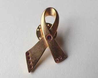 Vintage Avon Gold Tone & Pink Rhinestones Cancer Awareness Ribbon Pin