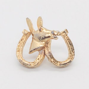 Vintage ca. 1960s Democratic Party donkey with double horseshoe pin tie tack  : gold tone ; little about 3/4 in.