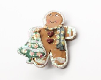 Vintage Gingerbread Man Pin: Glittery Christmas Tree Brooch