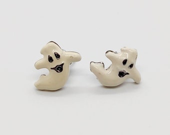 Vintage small ghost stud pierced earrings : painted off white & black with silver tone hardware ; 1/2 x 1/2 in.