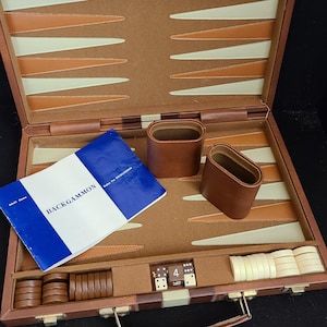 SKOR MOR Travel Backgammon Set Vintage Brown Ivory Stripe Faux Leather Leatherette Case