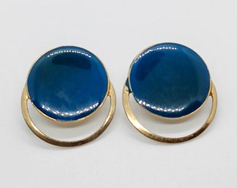 Vintage dark blue & gold tone round pierced earrings : lapis color ; about 1 inch long