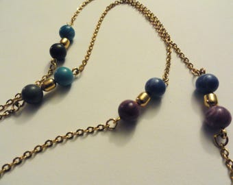 Vintage Long Gold Tone Necklace With Blue, Green & Purple Beads