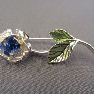 Avon Silver Flower Pin Brooch with Blue Stone and Green Leaves