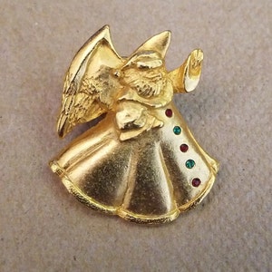 Vintage Camco Santa Angel Brooch Pin Gold Tone Red Gold Rhinestones Wings 1.25" x 1.25"