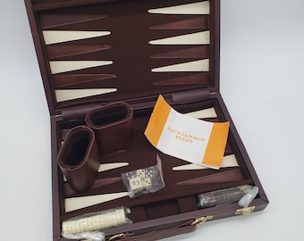 Small Travel Backgammon Set Vintage Game Brown Leatherette Fun Family Game Case