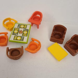 Vintage Fisher Price Little People Play Family House Furniture Dining Table Captains Chairs High Chair Living Room Stuffed Chairs