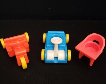 Vintage FISHER PRICE Little People Play Family Nursery Set 761 High Chair and Little Riders 656 Tricycle and Creative Coaster