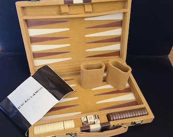 Small Travel Backgammon Set Vintage Game Tan Brown Corduroy and Leatherette Stripe Case Fun Family Game