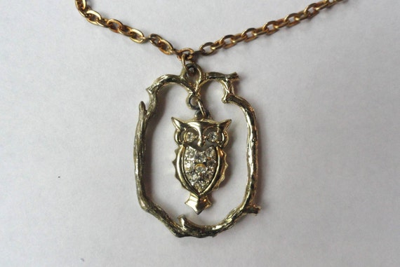 Vintage Owl Pendant Rhinestones Gold Tone Necklac… - image 2