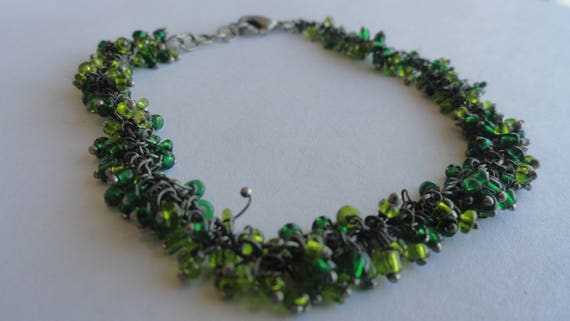 Vintage Green & Silver Tone Beaded Bracelet - image 3