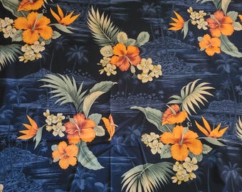 Tropical Floral Palm Tree Fabric Black Background 4 Yards from David Textiles Printex Fabrics Inc