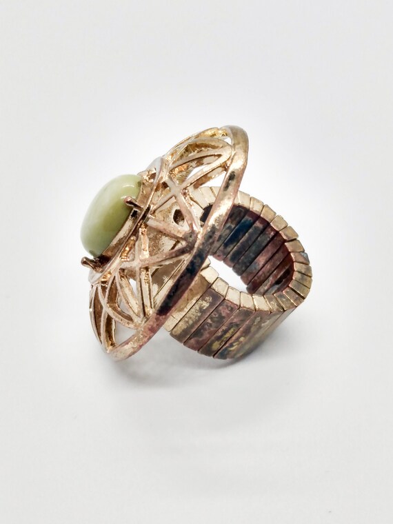 Vintage Gold Tone Statement Ring: Light Green Sto… - image 4