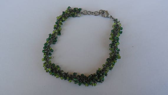 Vintage Green & Silver Tone Beaded Bracelet - image 2