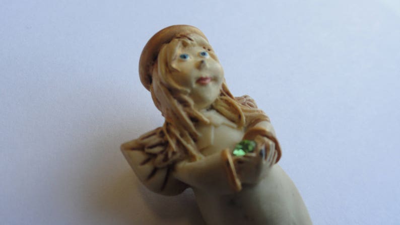 Vintage Female Winged Angel Pin Brooch Sculpted White August Peridot Green Rhinestone