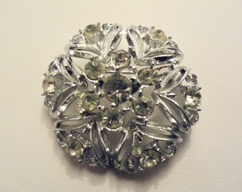 Vintage Silver Tone Rhinestone Round Flower Brooch Pin