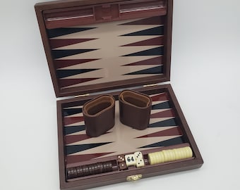 Small Travel Backgammon Set Vintage Game Brown Leatherette Fun Family Game Case