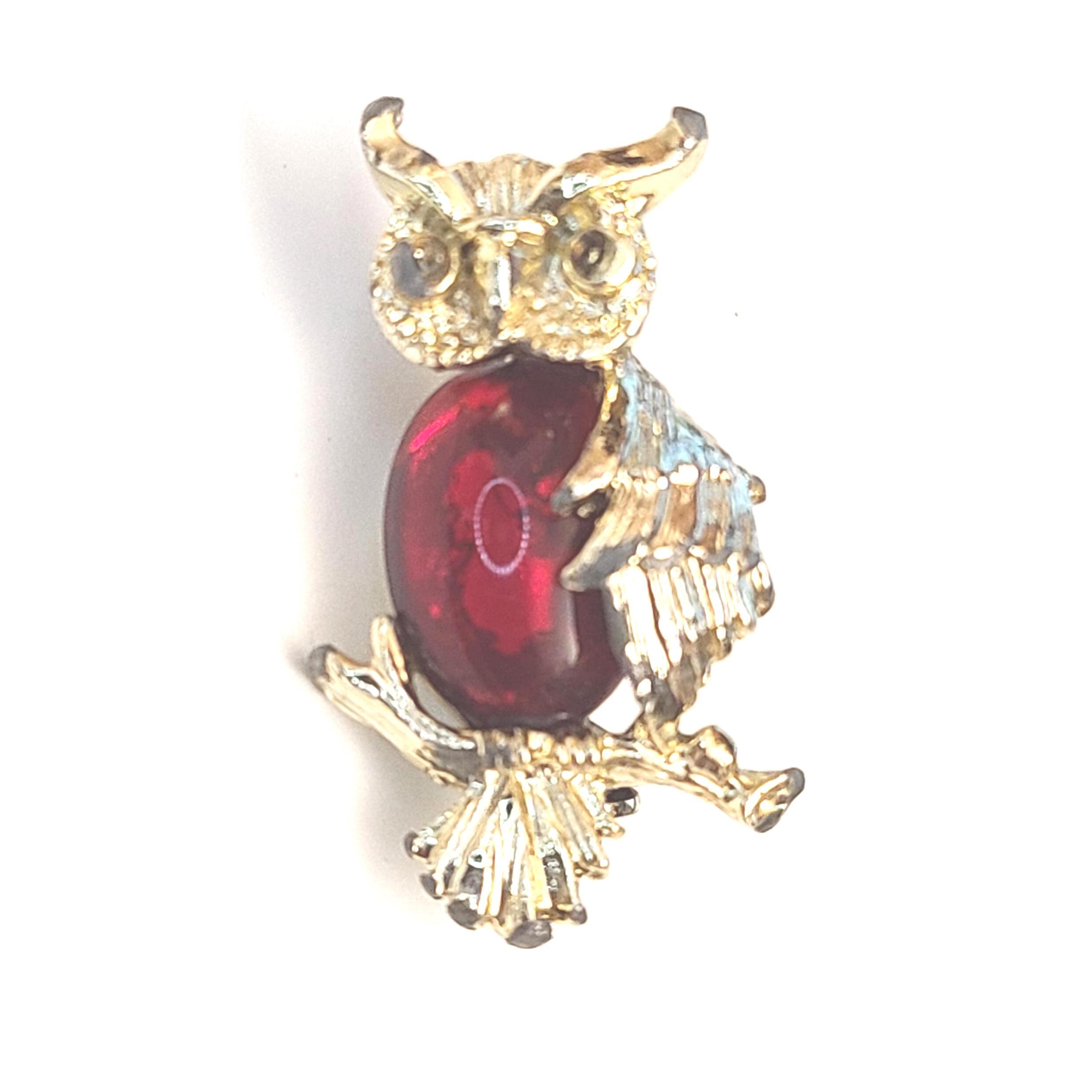 Vintage Gerry's Owl Red Jelly Belly Gold Tone Brooch Pin