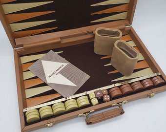 Large Backgammon Set Vintage Travel Game Brown Tan Leatherette Fun Family Game