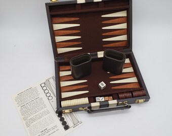 Small Travel Backgammon Set Vintage Game Black Leatherette Fun Family Game Case