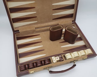 Large Backgammon Set Vintage Travel Game Brown Faux Suede and Leatherette Fun Family Game