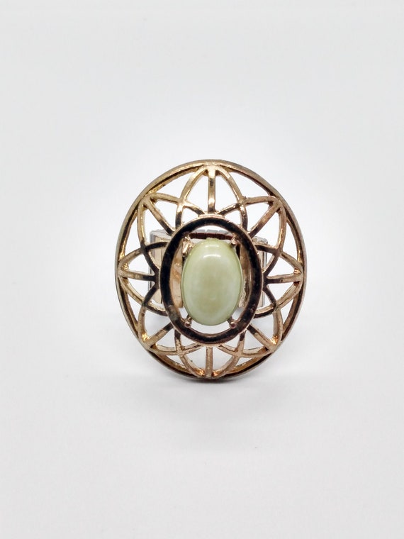 Vintage Gold Tone Statement Ring: Light Green Sto… - image 1