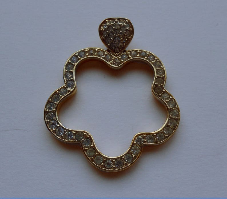 Vintage Large Gold Tone Flower Pendant Silver Tone Rhinestones