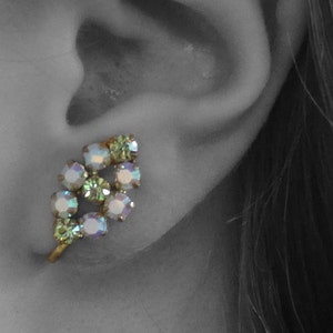 Vintage Austrian Gold Tone Rhinestone Leaf Shape Screw Back Clip-On Earrings Made in Austria