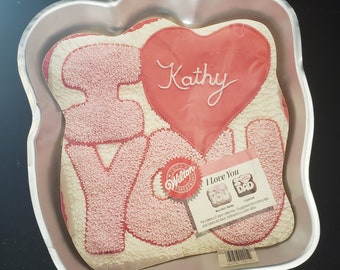 Wilton I LOVE YOU Heart Aluminum Cake Pan Valentines Day Birthday Kids Party Treat with Original Insert and Instructions