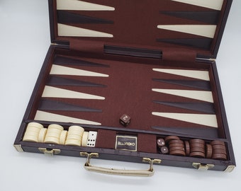 Large Backgammon Set Vintage Travel Game Brown Leatherette Fun Family Game Case