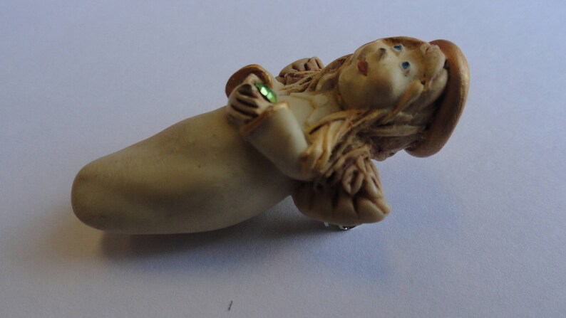 Vintage Female Winged Angel Pin Brooch Sculpted White August Peridot Green Rhinestone