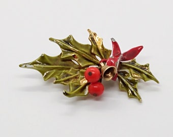 Vintage ART Arthur Pepper holly berry winter holiday brooch pin : bright red berries, light green leaves & gold tone bell ; about 1 x 2 in.