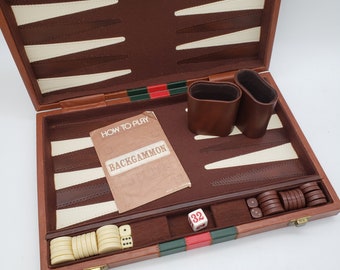 Large Backgammon Set Vintage Travel Game Brown Red Green Stripe Leatherette Fun Family Game