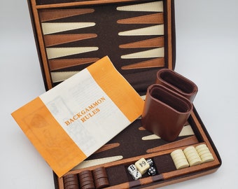 Small Travel Backgammon Set Vintage Game Brown Strip Fun Family Game Zip Around Case