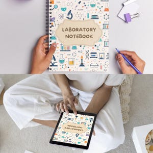 May include: A spiral-bound laboratory notebook featuring a cream-colored cover with a repeating pattern of colorful science icons including beakers, flasks, and DNA strands, with a central beige label reading LABORATORY NOTEBOOK.