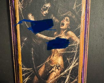 Spider-Woman Voluptuous Terrors 7x5 ręcznie wykonana tabliczka artystyczna w ramie z litego drewna