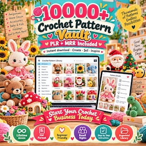 Puede incluir: Una colección digital de 10000+ patrones de ganchillo con un portátil y una tableta que muestran varios diseños amigurumi, incluyendo un conejo, oso, Santa Claus y casa de setas, con textos sobre derechos PLR y MRR.