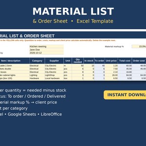 Op de afbeelding: Een digitaal Excel-sjabloon voor een materiaallijst en bestelformulier met een tabel met kolommen voor artikelomschrijving, categorie, leverancier, eenheid, benodigde hoeveelheid, voorraad, prijs en status. Inclusief tekst.