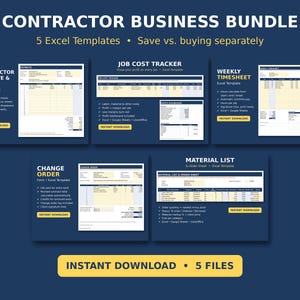 Op de afbeelding: Een Contractor Business Bundle met vijf Excel-sjablonen, waaronder een offerte & factuur, een projectkosten-tracker, een wekelijkse urenstaat, een wijzigingsformulier en een materiaallijst, weergegeven op een donkerblauwe achtergrond.
