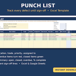 Punch List Template Excel | Contractor Construction Punch List & Snag List with Status Tracking | Remodel Closeout Form